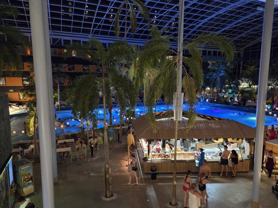 Tropenparadies mit Palmen und beleuchtetem Pool im Innenbereich, mit Gästen und einem Imbissstand
